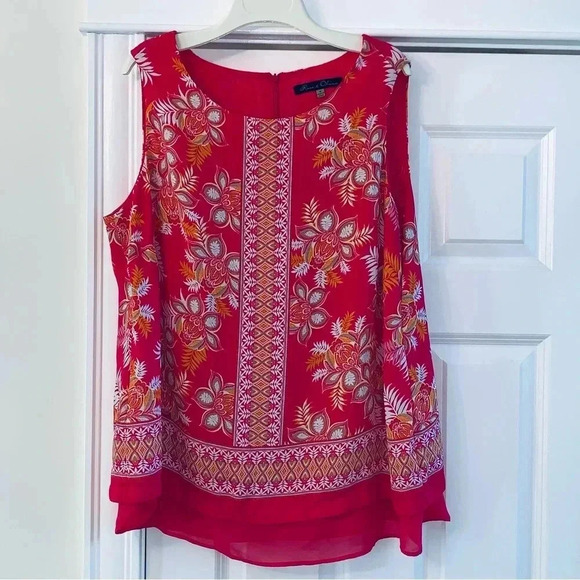 Rose Olive Sleeveless Blouse Chiffon Layered Multicolor Floral Size Medium Flowy - Picture 1 of 8